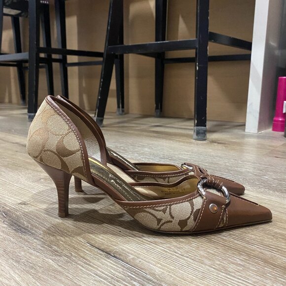 Vintage Coach Monogram Signature Kitten Heel Pumps, Brown Tan Leather Trim - Picture 1 of 7